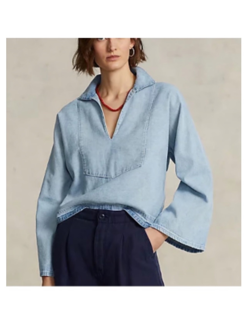 Polo Ralph Lauren Blue Denim Long Wide Sleeve Crop Top XS